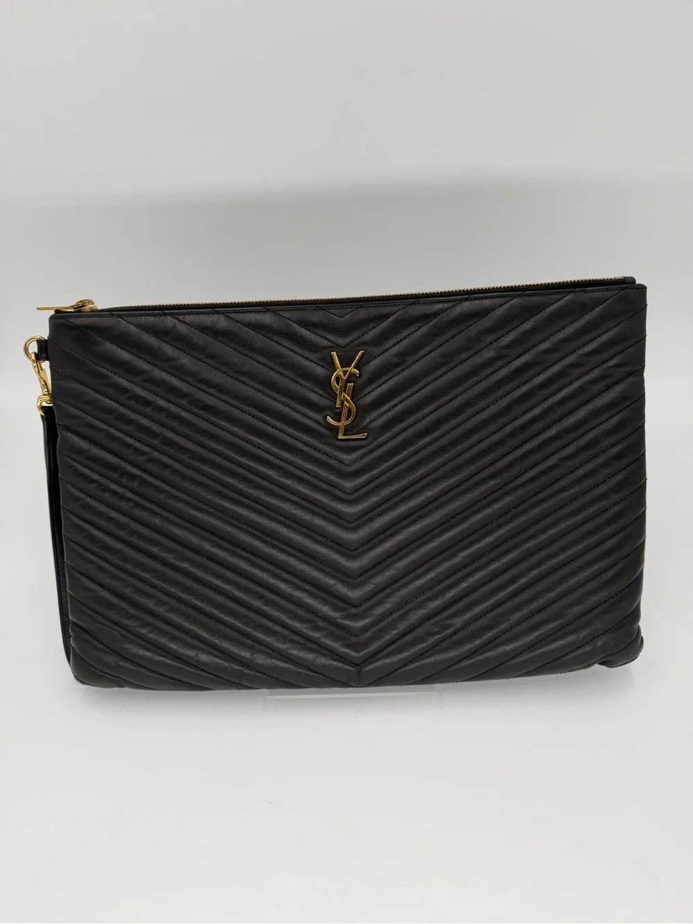 Saint Laurent Black Chevron Leather Wristlet/Clutch w/Gold YSL Logo Entrupy COA